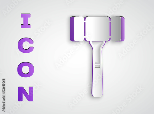 Paper cut Auction hammer icon isolated on grey background. Gavel - hammer of judge or auctioneer. Bidding process, deal done. Auction bidding. Paper art style. Vector