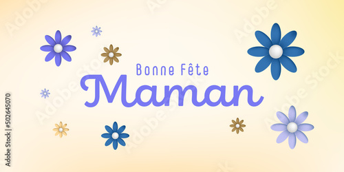 Texte : Bonne fête Maman, avec de jolies fleurs multi colorées sur un fond blanc ,violet, bleu, marron et ocre