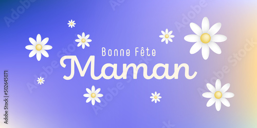 Texte : Bonne fête Maman, avec de jolies pâquerettes blanches sur un fond multi coloré, violet, bleu, marron et ocre