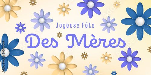 Texte : Joyeuse fête des mères, avec de jolies pâquerettes multi colorées sur un fond blanc,violet, bleu, marron et ocre
