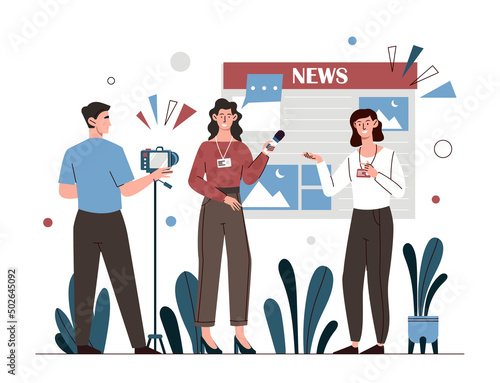 Journalist and operator. Characters interviewing famous person or expert. Mass media and TV shows. Specialist commentary, information. People recording news. Cartoon flat vector illustration