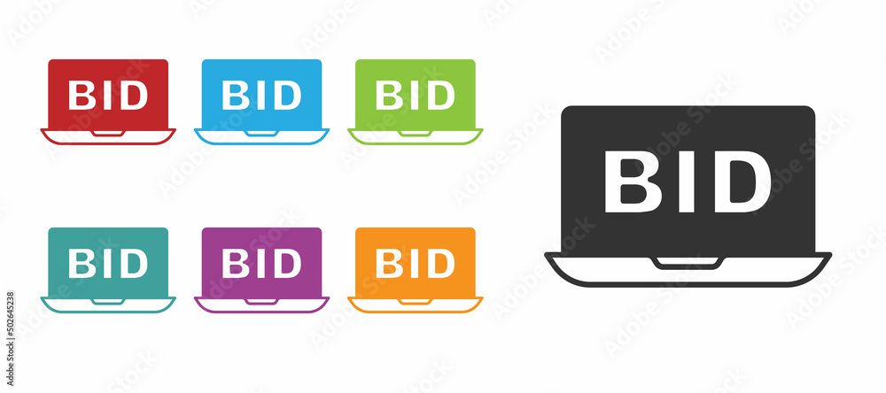 Black Online auction icon isolated on white background. Bid sign. Auction bidding. Sale and buyers. Set icons colorful. Vector Black Online auction icon isolated on white background. Bid sign. Auction bidding. Sale and buyers. Set icons colorful. Vector