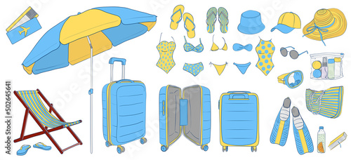 Vacation set by the sea. Illustration of a set for a holiday on the sea coast.