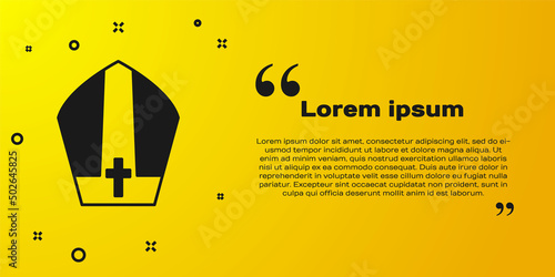 Black Pope hat icon isolated on yellow background. Christian hat sign. Vector