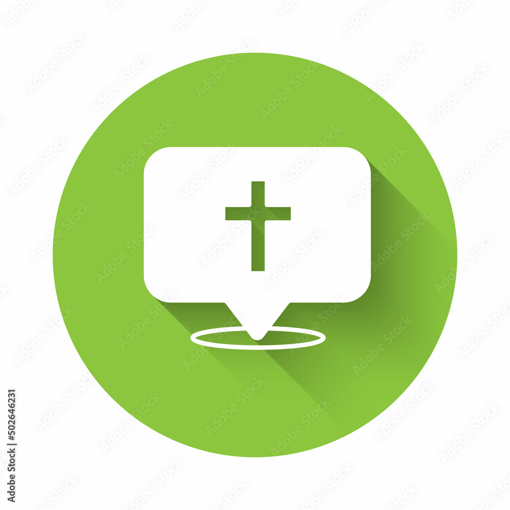 White Map pin church building icon isolated with long shadow background. Christian Church. Religion of church. Green circle button. Vector White Map pin church building icon isolated with long shadow background. Christian Church. Religion of church. Green circle button. Vector