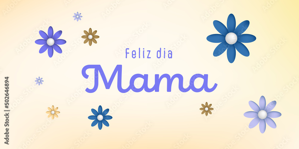 Spanish text : Feliz dia mama, with colorful flowers on a white background, purple,blue,brown and ocher Spanish text : Feliz dia mama, with colorful flowers on a white background, purple,blue,brown and ocher