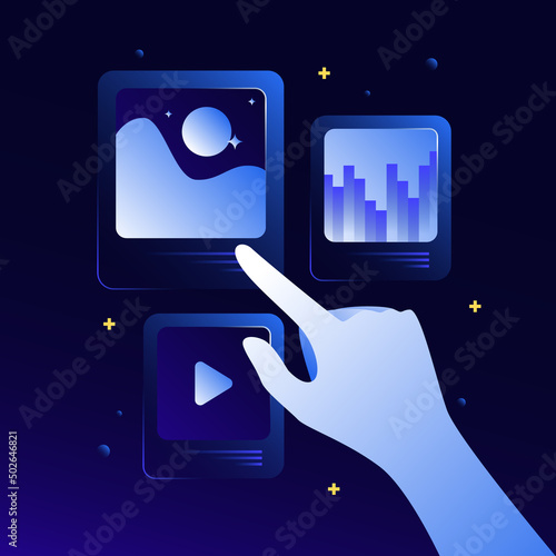 Dark Blue NFT Illustration. Design Composition with Hand and Photos and Videos. Vector illustration