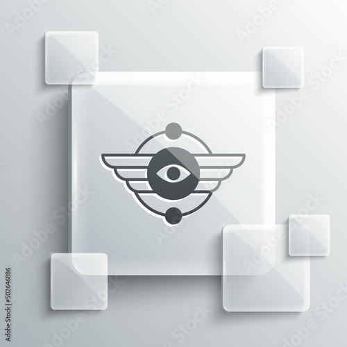 Grey Egyptian symbol Winged sun icon isolated on grey background. Square glass panels. Vector