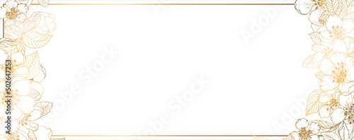 Luxury golden wallpaper, golden frame. Banner with cherry and apple flowers. On a white background. Brilliant flowers and twigs. vector file.