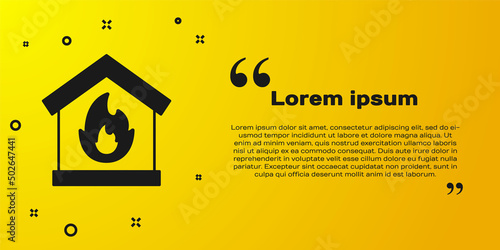 Black Fire in burning house icon isolated on yellow background. Vector