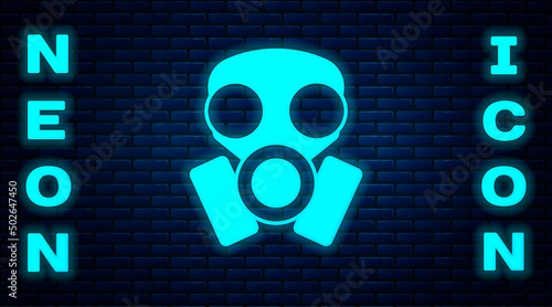 Glowing neon Gas mask icon isolated on brick wall background. Respirator sign. Vector