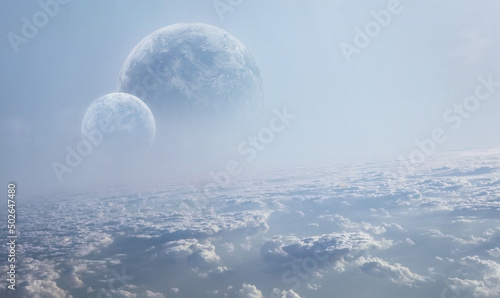 Earth surface with sky and clouds. Other planets in space. Sci fi wallpaper. Space art landscape. Elements of this image furnished by NASA photo