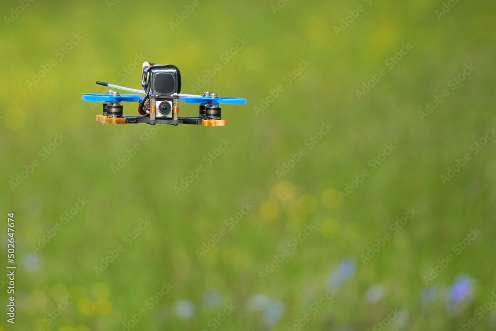 Small racing copter also drone with blue propellers and black battery over a green meadow with colorful flowers. Front view. Depth of field.