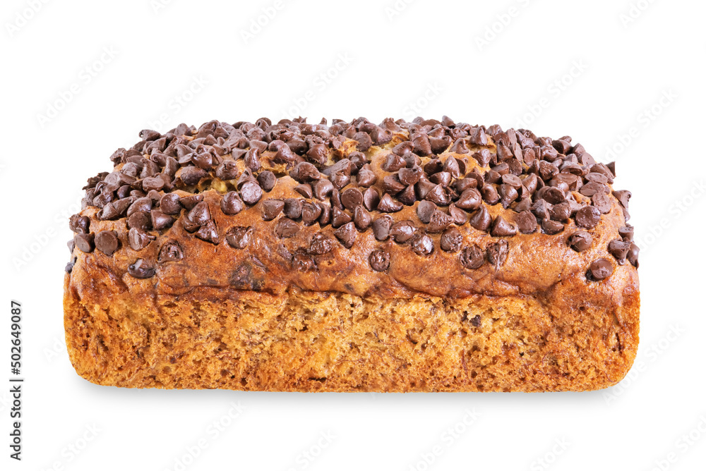 Banana bread with chocolate filling and chocolate drops on the top on a white isolated background Banana bread with chocolate filling and chocolate drops on the top on a white isolated background