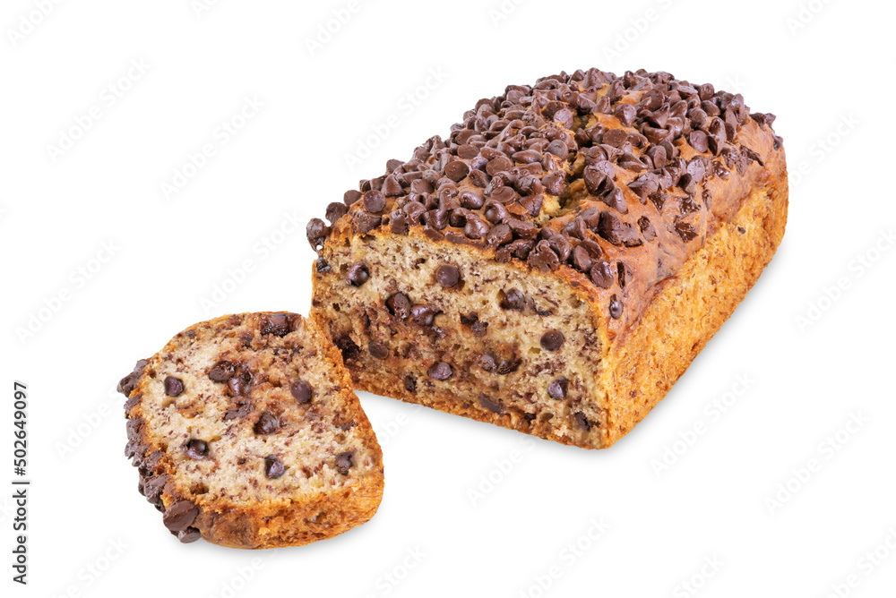 Banana bread with chocolate filling and chocolate drops on the top on a white isolated background Banana bread with chocolate filling and chocolate drops on the top on a white isolated background