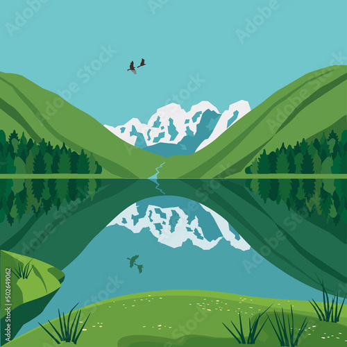 Green Mountains Lake Valley Landscape background. Beautiful wild nature parkland scenic view illustration. Mountain lake calm sunlight summer day vector poster. Nature environment, tourist banner