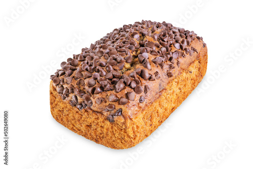 Banana bread with chocolate filling and chocolate drops on the top on a white isolated background