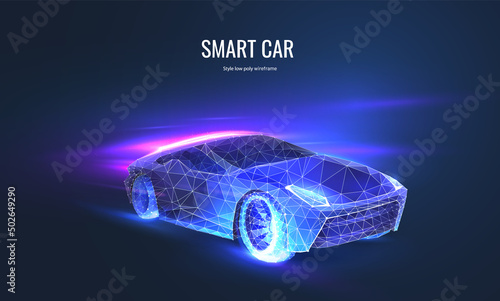 Car electric in speed in digital futuristic polygonal style. Automotive technology or smart car. Silhouette of a car with light effect and wireframe. Vector illustration