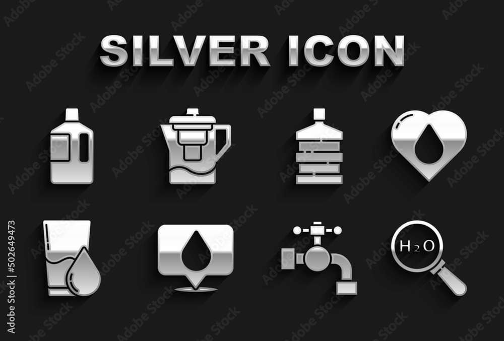 Set Water drop with location, Heart water, Chemical formula for H2O, tap, Glass, Big bottle clean, and jug filter icon. Vector Set Water drop with location, Heart water, Chemical formula for H2O, tap, Glass, Big bottle clean, and jug filter icon. Vector