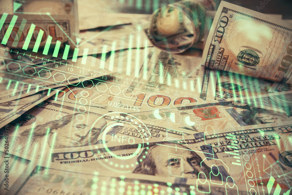 Double exposure of tech theme drawing over usa dollars bill background. Concept of technology. Double exposure of tech theme drawing over usa dollars bill background. Concept of technology.