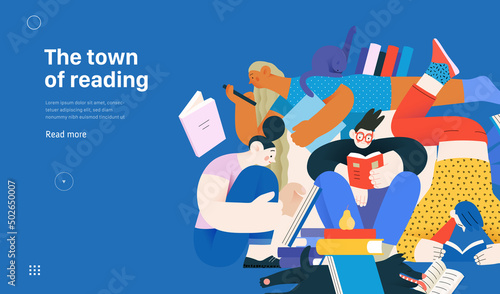 Books graphics -book week events. Modern flat vector concept illustrations of reading people - a group of men and women reading and sharing books and e-books on tablets sitting surrounded by plants