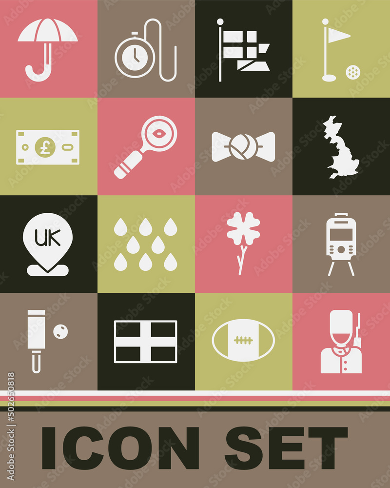 Set British soldier, Tram and railway, England map, flag on flagpole, Magnifying glass, Pound sterling money, Umbrella and Bow tie icon. Vector Set British soldier, Tram and railway, England map, flag on flagpole, Magnifying glass, Pound sterling money, Umbrella and Bow tie icon. Vector