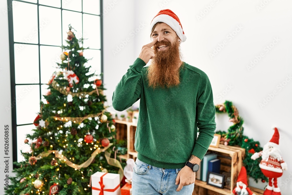 Redhead man with long beard wearing christmas hat by christmas tree pointing with hand finger to face and nose, smiling cheerful. beauty concept Redhead man with long beard wearing christmas hat by christmas tree pointing with hand finger to face and nose, smiling cheerful. beauty concept