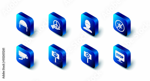 Set Peace, Vandal, Protest, Security camera and Military helmet icon. Vector