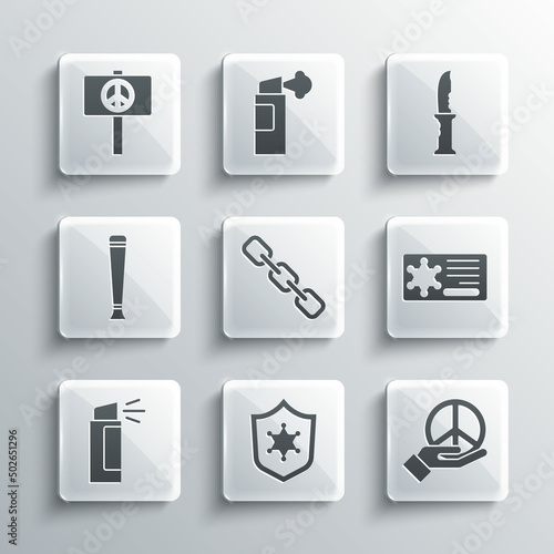 Set Police badge, Peace, Chain link, Pepper spray, rubber baton, and Military knife icon. Vector © Kostiantyn