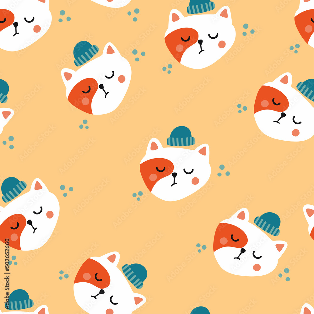 Cute cats in hats. Vector. Cartoon style. Seamless Pattern