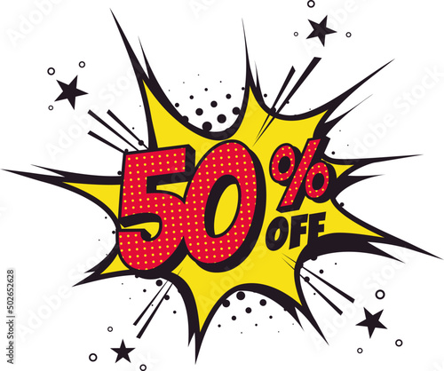 50 percent off. Comic book style art. Special offer and discount.