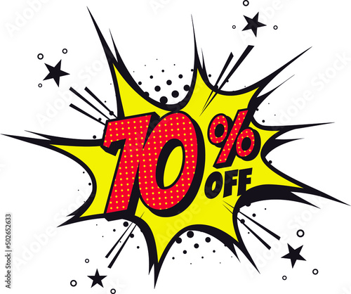 70 percent off. Comic book style art. Special offer and discount.