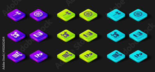 Set Ancient column, bust sculpture, Trojan horse, Decree, parchment, scroll, Old wooden wheel and Medieval axe icon. Vector