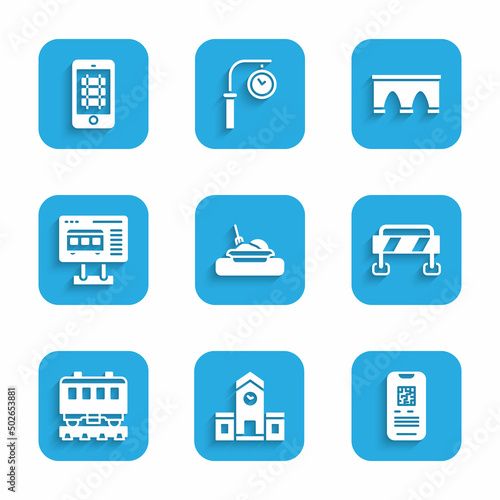Set Plate with food, Railway station, E-ticket train, Road barrier, Passenger cars, Ticket office to buy tickets, Bridge for and Buy online icon. Vector