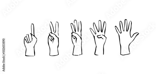 Set of business man hands showing different numbers, counting, pointing, fist. Hand drawn vector cartoon Illustration