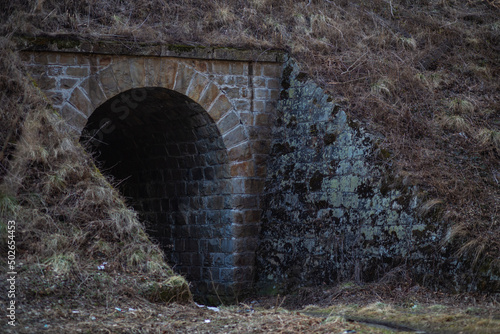 old brick brick tunnel under the mountain slope without grass bricks overgrown with moss looks beautiful and mystical photo