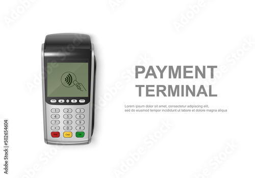 Vector Realistic 3d Touch NFC Mobile Payment Machine. POS Terminal Closeup Isolated on White. Design Template of Bank Payment Wireless Contactless Terminal, Mockup. Payments device. Top View