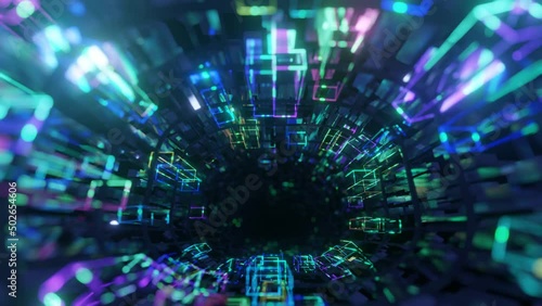 Glow boxes. 4k seamless looped animation. Fly through mirror tunnel with neon pattern, glow lines form sci fi pattern. Bright reflection neon light. Simple bright background, sci fi structure