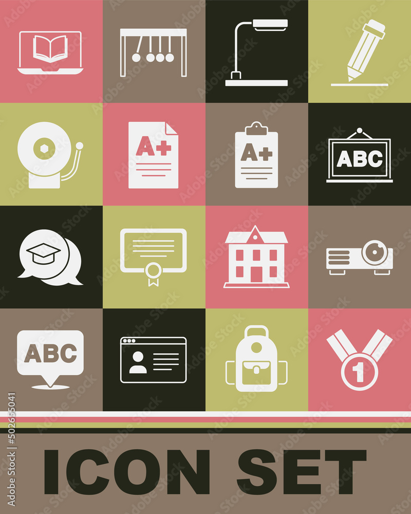 Set Medal, Movie, film, media projector, Chalkboard, Table lamp, Exam sheet with A plus grade, Ringing alarm bell, Online class and icon. Vector Set Medal, Movie, film, media projector, Chalkboard, Table lamp, Exam sheet with A plus grade, Ringing alarm bell, Online class and icon. Vector