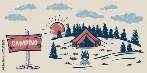 Camping time in nature, Mountain landscape, sketch style, vector illustrations.	