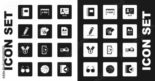 Set Online class, Exam sheet and pencil, Pencil with eraser, Spiral notebook, A plus grade, Pendulum, Movie, film, media projector and Medal icon. Vector