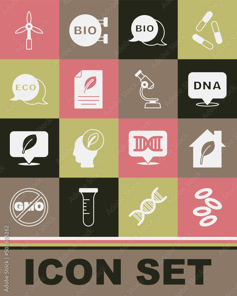 Set Hemoglobin, Eco friendly house, DNA symbol, Bio healthy food, paper with leaf, Label for eco, Wind turbine and Microscope icon. Vector Set Hemoglobin, Eco friendly house, DNA symbol, Bio healthy food, paper with leaf, Label for eco, Wind turbine and Microscope icon. Vector