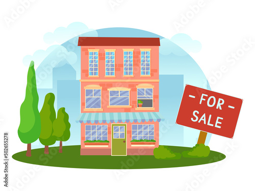 Fototapeta Naklejka Na Ścianę i Meble -  The concept of a house for sale. Sale or rental of real estate. House on a plot of land with surroundings and trees in a cartoon style. Vector illustration isolated on white background.