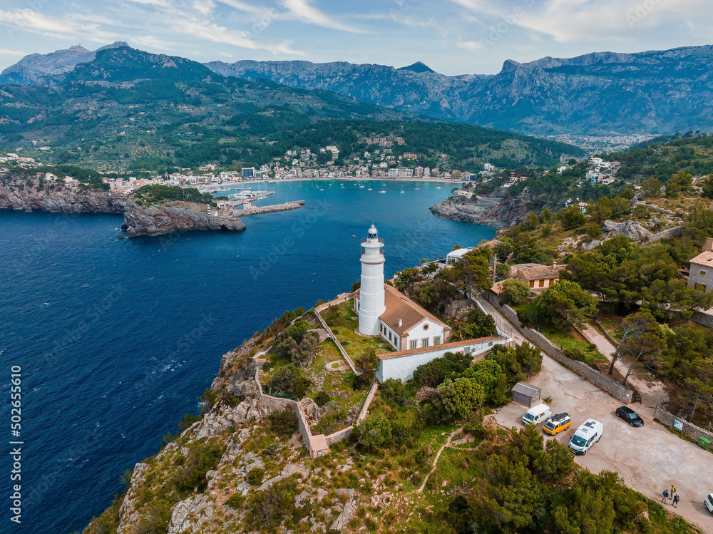 Beautiful aerial view of the lighthouse near harbour of Port de Soller, Mallorca, Spain