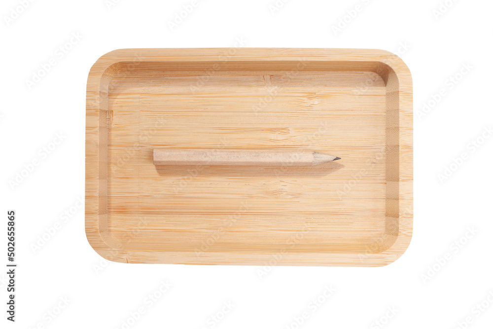 wooden tray with pencil isolated on white surface wooden tray with pencil isolated on white surface