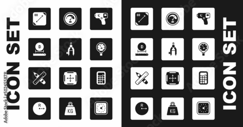 Set Digital thermometer, Drawing compass, Diameter, Diagonal measuring, Pressure water, Speedometer, Calculator and Crossed ruler and pencil icon. Vector