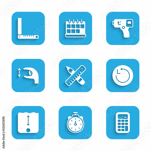 Set Crossed ruler and pencil, Stopwatch, Calculator, Radius, Depth measurement, Approximate measurements, Digital thermometer and Corner icon. Vector