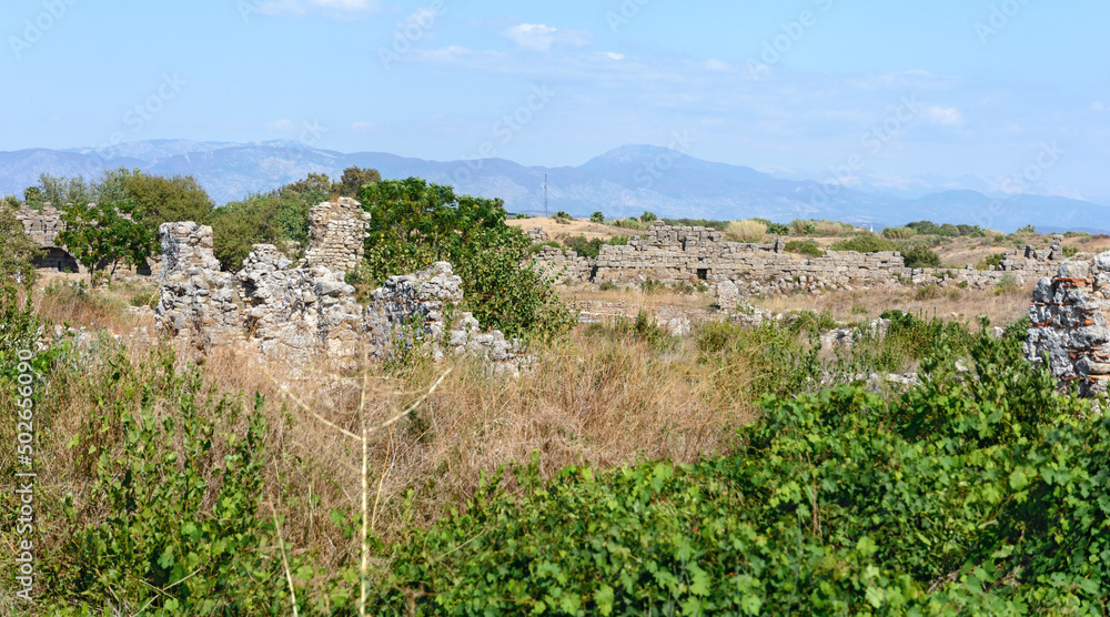 Ruins of the ancient city of Side. The territory of the ancient city of Side. The ruins of the ancient fortress walls of Side. Turkey