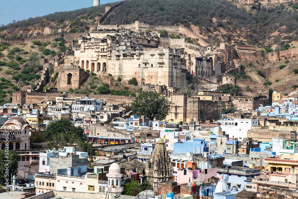 View at the city of Bundi and the palace,  Rajasthan, India, Asia