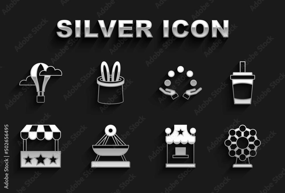 Set Boat swing, Paper glass with water, Ferris wheel, Ticket box office, Juggling ball, Hot air balloon and Magician hat and rabbit ears icon. Vector Set Boat swing, Paper glass with water, Ferris wheel, Ticket box office, Juggling ball, Hot air balloon and Magician hat and rabbit ears icon. Vector